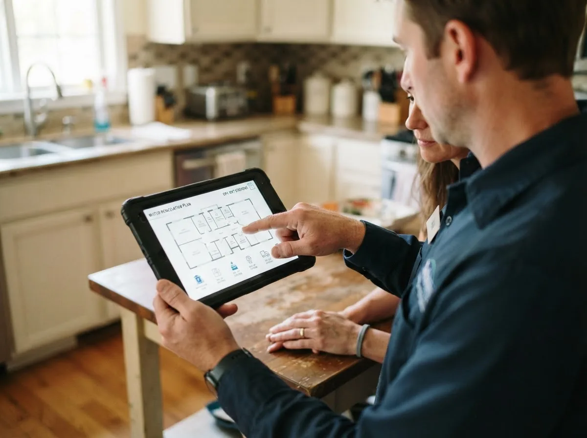 Water damage restoration technician inspecting a home in New Liberty, IA
